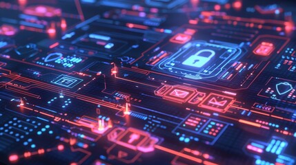 Obraz premium A futuristic holographic interface with multiple cybersecurity icons, including locks and shields