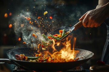 Closeup of chef throwing vegetable mix from wok pan in fire. Fresh asian food preparation on dark background , ai