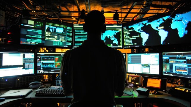 A hacker in a dark room with multiple computer screens displaying code and warning signs of a cyber attack