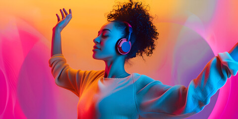 Young woman enjoying music with headphones in colorful background, Woman listening to music in a vibrant creative setting

