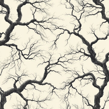 Hand-drawn pattern of spooky tree branches and twisted vines, rendered in soft black and gray tones, scattered across a light beige background.