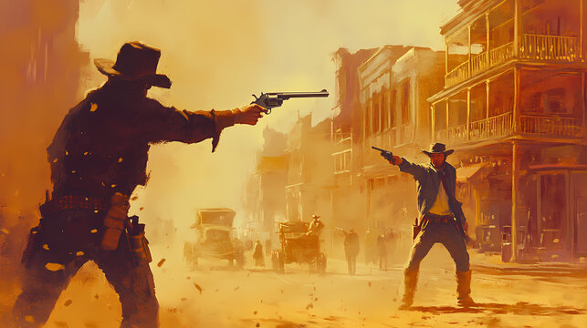 Shootout at high noon: a tense standoff in a dusty street, two outlaws facing off against each other, their guns drawn, as they wait for the showdown. Tense. Illustration