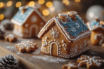 Fototapeta premium Christmas gingerbread houses on wooden table with bokeh background.. Pastries in the form of houses. Festive scene with holiday pastries. Christmas and New Year background.