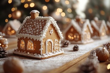 Christmas gingerbread houses on wooden table with bokeh background.. Pastries in the form of houses. Festive scene with holiday pastries. Christmas and New Year background.