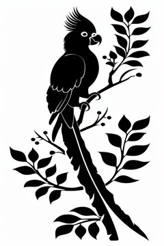 recommend clip art: A cockatoo in a striking black silhouette rests on a branch adorned with leaves and berries. The design captures the bird's distinctive crest and elegant form elegantly.