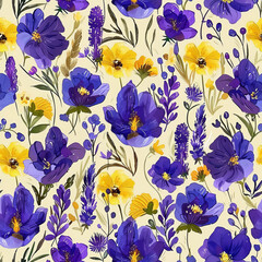 A vibrant floral pattern showcases an array of purple and yellow flowers interspersed among green foliage, creating a cheerful and lively design on a pale backdrop.