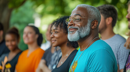 Diverse community gathering outdoors for worship and service under sunny sky