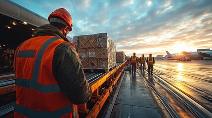 Workers handle cargo at an airport during sunset, emphasizing logistics operations.