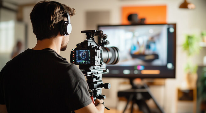 Minimalist modern video production studio featuring sleek equipment, isolated camera focus, and video edit monitor display, embodying cutting-edge media creation aesthetics