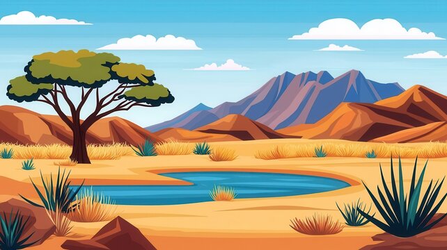Mesozoic desert environment flat design front view showing evolutionary adaptations, arid ecosystem theme, water color, colored pastel