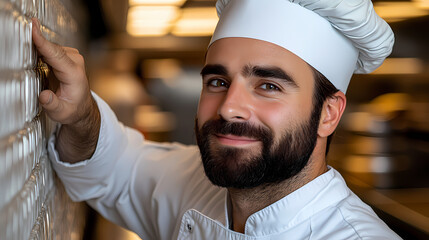 Chef leaning on a wall in a hat.