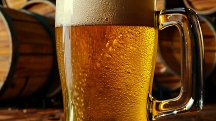 This Frothy golden beer fills a glass while wooden barrels sit in the background, hinting at brewing.