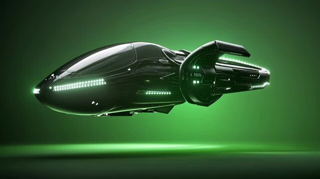Sleek, black futuristic spaceship with glowing green lights is hovering on a green screen background, ready for compositing into your next project