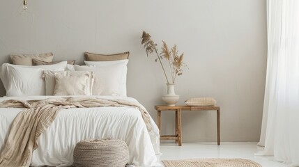 Serene bedroom with soft bedding, neutral colors, and minimalist decor creating a peaceful and tranquil atmosphere.