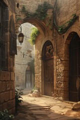 Fototapeta premium Ancient stone archway in sunlit medieval courtyard