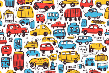 A doodle-style pattern with smiling cars, trucks, and buses in bright reds, yellows, and blues, perfect for a playful children's wallpaper.