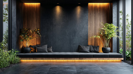 Modern zen living space with a long bench and plants