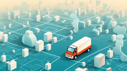 A colorful and abstract illustration of a city landscape with a truck driving through the streets.