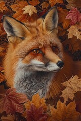 Fototapeta premium Portrait of a fox against an autumn leaf background