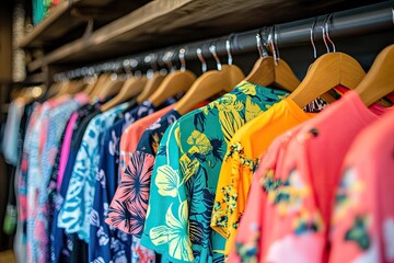Colorful floral shirts on hangers. Perfect for a blog post about fashion trends or a retail store.
