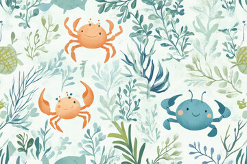 Obraz premium Seamless marine pattern with cute crabs, lobsters, and fish swimming through seaweed, in soft blues and greens, for a relaxed ocean-themed fabric.