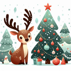 Naklejka premium reindeer with christmas tree and snowflakes