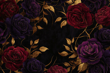 A luxurious floral background featuring dark red and purple roses intertwined with gold vines, against a deep velvet black backdrop.