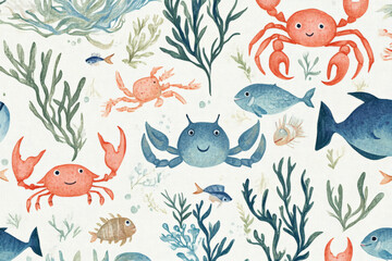 Obraz premium Seamless marine pattern with cute crabs, lobsters, and fish swimming through seaweed, in soft blues and greens, for a relaxed ocean-themed fabric.
