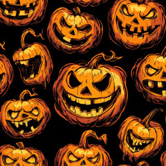 Seamless pattern of hand-drawn jack-o'-lanterns with various facial expressions, rendered in bright orange and yellow hues, on a deep black background.
