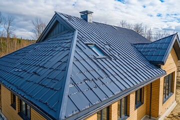 Modern house with a blue metal roof. This image shows a house with a durable and stylish metal roof, perfect for construction or real estate websites.