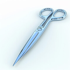 Obraz premium A pair of shiny steel scissors rests on a smooth, light surface, poised for various crafting tasks. The well-designed tool features a sharp blade and comfortable handles.