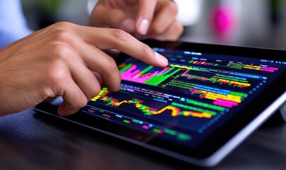Naklejka premium Person Browsing Financial News Articles on a Digital Tablet Surrounded by Stock Market Data
