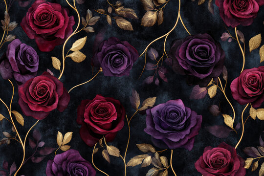A luxurious floral background featuring dark red and purple roses intertwined with gold vines, against a deep velvet black backdrop.