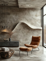 A cozy living room with a brown armchair and ottoman, set against a textured concrete wall.