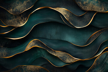 A luxury abstract background with sleek gold lines sweeping across a textured black and emerald green background, evoking opulence and elegance.