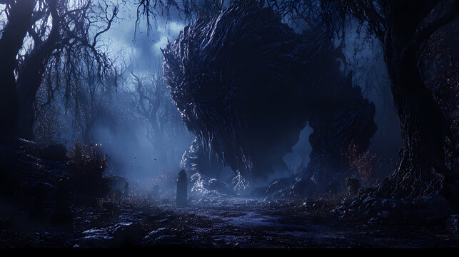 Twilight realm under a behemoth spectral observer, spinetingling eerie sensation, gothic illustration, 3d render, Eerie. Illustration