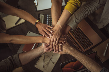 Fototapeta premium A group of people are holding hands in a circle. Concept of unity and teamwork