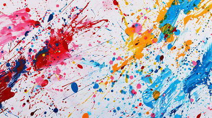 Abstract colorful paint splatters on a white background.