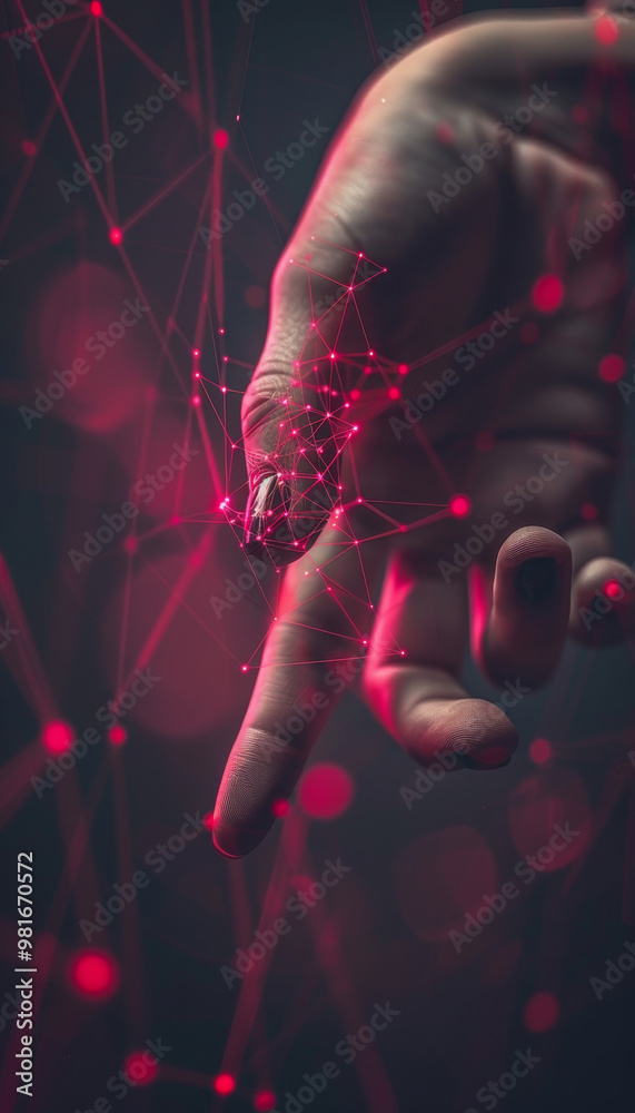 Poster a close-up of a hand gently touching a glowing point, creating dynamic connections in a dark environ