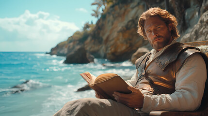 A man reading on a bench.