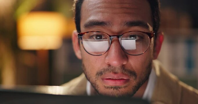 Man, computer and reading at night in office with wow, worry or writers block for movie script. Person, screenwriter and stress with shock for mistake, error or brain fog at film production company