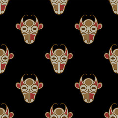 Seamless animal pattern with stylized cow or bull heads. Ethnic Irish folk design. On black background.