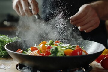 Cooking fresh vegetables. The chef adds salt to a steaming hot pan. Grande cuisine idea for a hotel with advertising space , ai