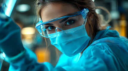 Female scientist in blue lab coat with goggles holding a pipe.