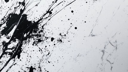 Splattered black paint on white marble, striking abstract background generative ai