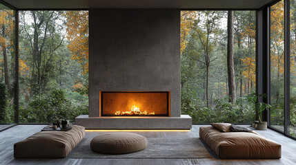 Cozy living room with a fireplace and large windows overlooking a forest.