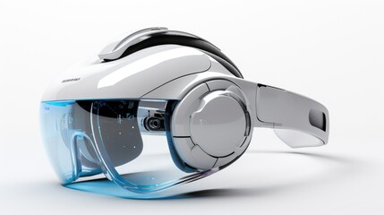 A futuristic headset with a sleek white design and blue tinted visor.