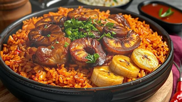 Delicious Jollof Rice with Plantain and Meat