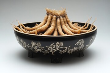 Fototapeta premium A black bowl with a white floral pattern, containing a cluster of dried roots. This image is perfect for projects related to health, alternative medicine, or herbal remedies.