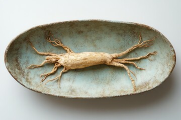 Ginseng root in a bowl. Perfect for promoting health, vitality, and energy.